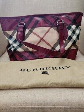 Burberry Authentic Supernova Raspberry and Black Check Coated Canvas Tote